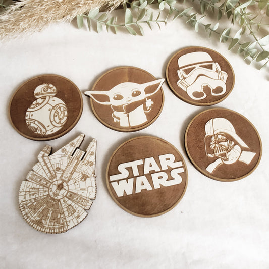 Set of 6 Star Wars Wooden Coasters - Handmade Gift - Housewarming - Wood Kitchenware - Baby Yoda - The Mandalorian-1